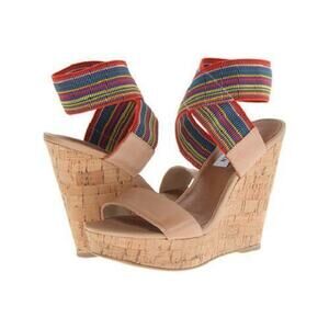 Steve Madden Roper Platform Wedge Sandal Heels Nude Bright Multi Size 9.5